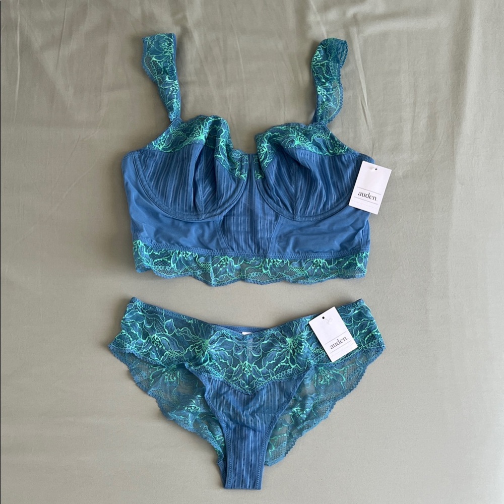 Auden Blue and Green Lace Bra and Panty Set